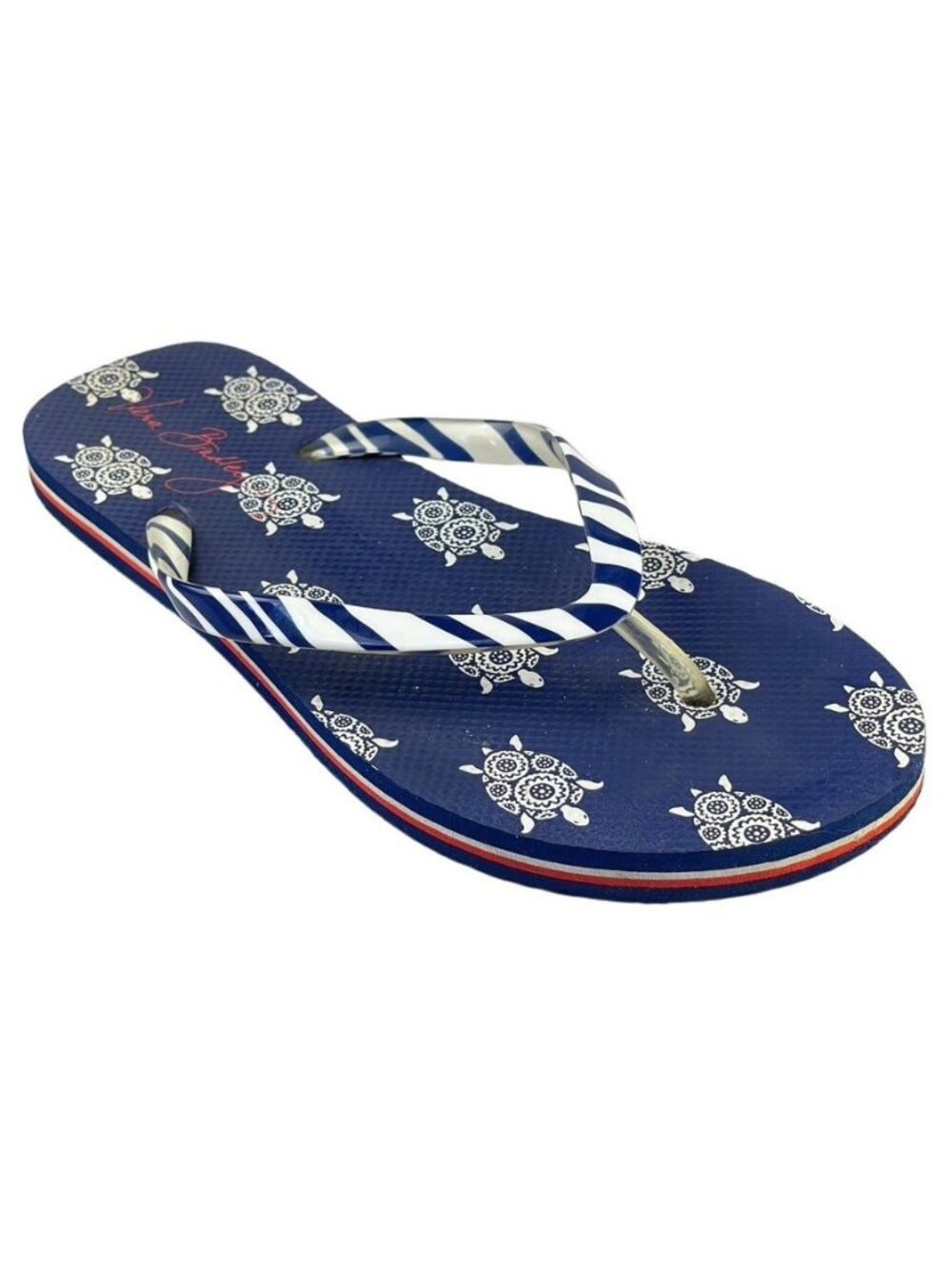 Vera Bradley Blue Turtle Print Flip Flops Womens Size 7-8 Striped Straps Casual